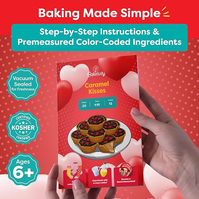Baketivity Caramel Kisses Kids Baking Kit - Baking Set for Girls and Boys Ages 4-12 - Kids Cooking Kit with Premeasured Ingredients, Instructions, Video, STEM Activities