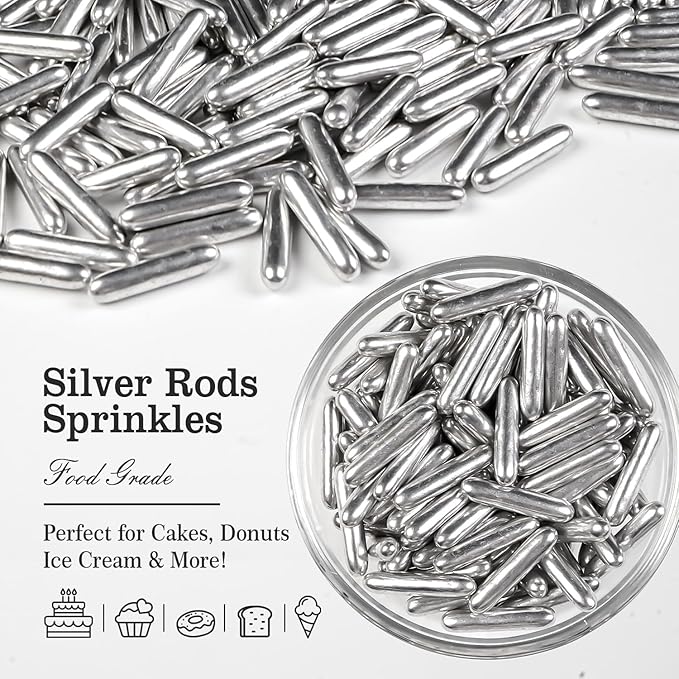 Christmas Silver Rods Sprinkles, Sugar Sprinkles For Cake Decorating, 150g/5.29oz, Food Grade, Foodgrade Decoration, Cupcake Toppers, Donuts, Cookies, Holiday, Birthday Party, Christmas Supplies