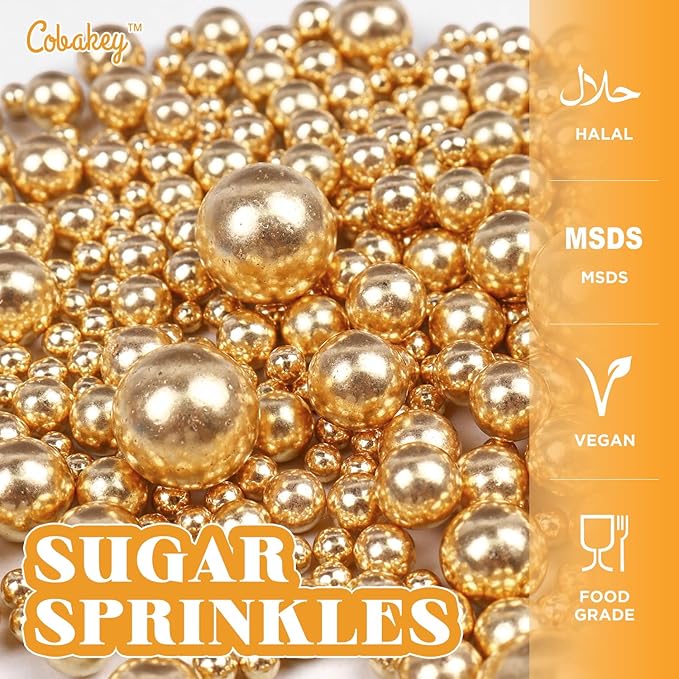 Cobakey Bright Gold Sprinkles for Cake Decorations 3.52 ounce Gold Metallic Pearl Sugar Sprinkles for Cupcake Toppers Wedding Party Valentines Halloween Christmas Supplies