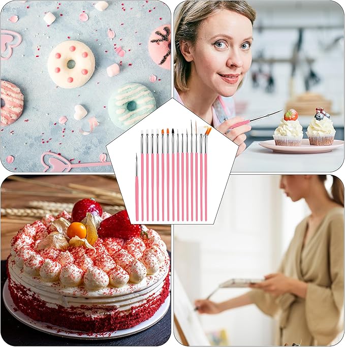 Aster 15Pcs Cake Decorating Brushes, Cake Painting Brushes Kit Food Safe Paint Brushes Fondant Sugar DIY Tools Set Cookie Decorating Supplies Candy Icing Pastry Brush for Baking(Pink)