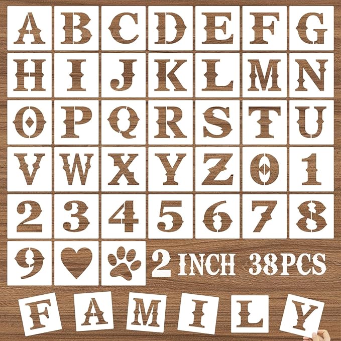 2 Inch Letter Stencils and Numbers, 38 Pcs Alphabet Craft Stencils, Reusable Plastic Drawing Templates for Painting on Wood, Wall, Fabric, Rock, Floor, Signage, Door Porch