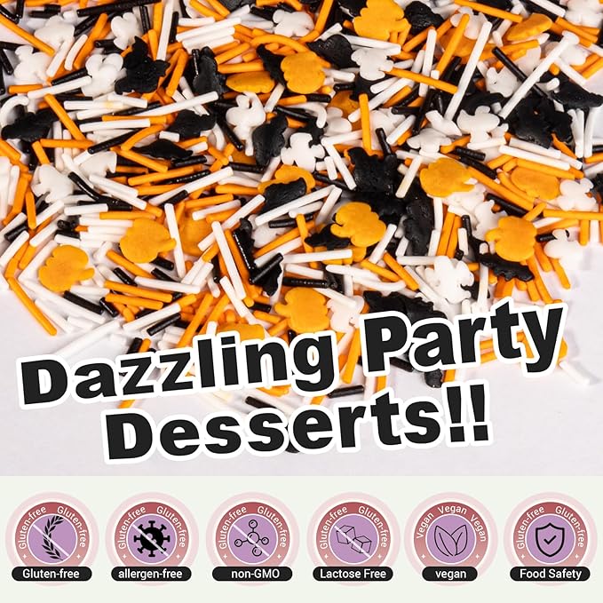 HUEBEATY 6-in-1 Halloween Sprinkles Set – 180g Edible Fall Thanksgiving Pumpkin, Ghost & Bat Confetti Mix with Black & Orange Sugar Crystals, Nonpareils & Jimmies – Spooky Cupcakes, Cookies & Cakes Decorating Toppings
