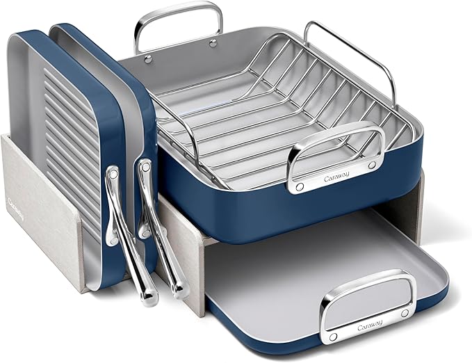 Caraway Square Cookware Set - Square Pans Set - Perfect for Griddling, Toasting, Searing, Roasting, and More - Non-Stick Ceramic Coated Pans - Non Toxic, PTFE & PFOA Free - Navy