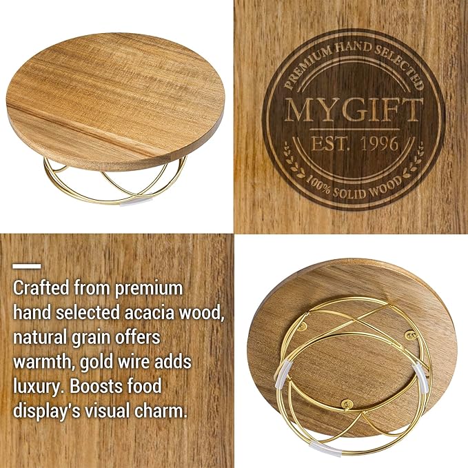 MyGift 10 Inch Round Cake Stand, Premium Acacia Solid Wood Gold Tone Metal Wire Pizza Pan Serving Stand, Table Display Riser for Cupcake Pie Dessert Wedding Party Decor