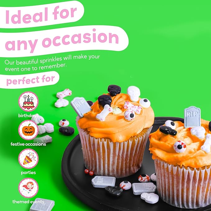 Spooky Halloween Sprinkles for Cake Decorating - Our Spooky Sprinkle Mix includes Eyeball, Bone, Tombstone & Skeleton Jimmies - Halloween Toppings for Cupcakes, Cookies & Drinks (Graveyard, 3.5oz)
