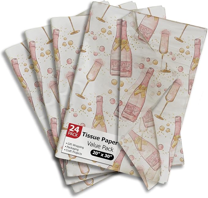 Champagne Bottles Printed Tissue Paper for Engagement Gift Bags or Boxes and Wrapping - Bulk Decorative Art Tissue Paper for Wedding Packaging and Gifting | 24 Sheets 20" x 30"