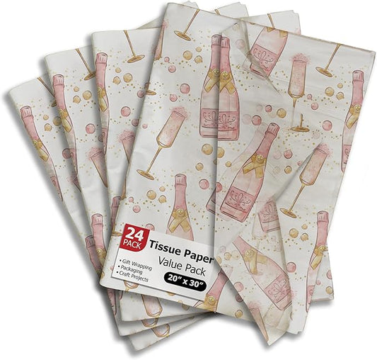 Champagne Bottles Printed Tissue Paper for Engagement Gift Bags or Boxes and Wrapping - Bulk Decorative Art Tissue Paper for Wedding Packaging and Gifting | 24 Sheets 20" x 30"