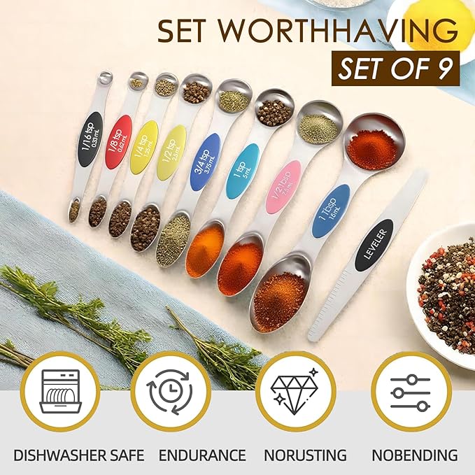 Stainless Steel Magnetic Measuring Spoons Set,Dual Sided Stackable Nesting Teaspoons Tablespoons for Measuring Liquids and Dry Ingredients,Set of 9 with Leveler, Strong Magnet,Multicolor