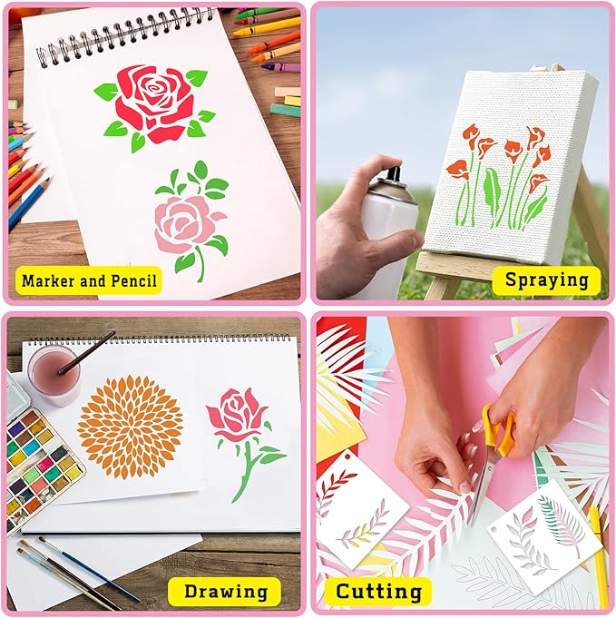 80 Pcs 6 x 6 Inch Stencils for Painting on Wood, Reusable Flower Butterfly Bird Bee Plastic Stencils DIY Craft Paint Template Set for Wall Home Decor