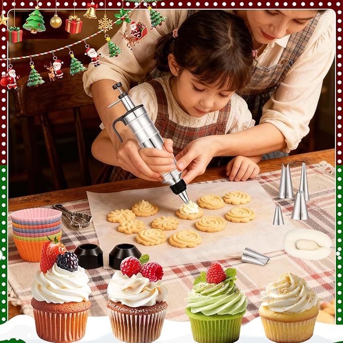 Dualshine Dessert Decorating Syringe Set, Frosting Piping Kit, Stainless Steels Icing Piping Kit, Cake Decorating Tools 6 Russian Piping Icing Nozzles Cupcake Piping Kit Christmas Baking Gifts