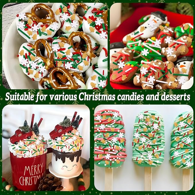 Edible Christmas Sprinkles Gold Christmas Tree Sprinkle White Winter Snowflake Sprinkle Red Green White Jimmies Holiday Cake Sprinkles for Cake Baking Ice Cream Cookies Cupcake Topper 8.4 Oz