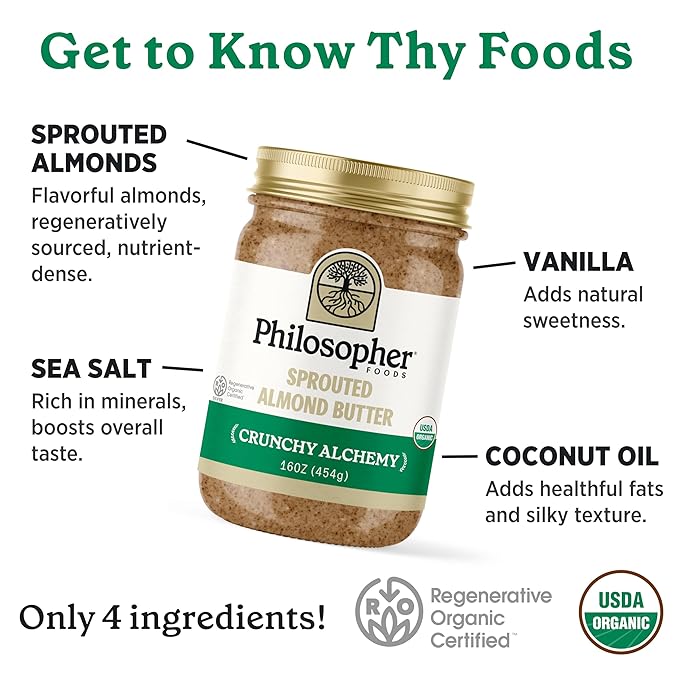 Philosopher Foods - Crunchy Alchemy Organic Sprouted Almond Nut Butter - 16 oz - Stone Ground Regenerative Organic Crunchy Almond Butter with Coconut Oil, Vanilla, and Ancient Seabed Salt