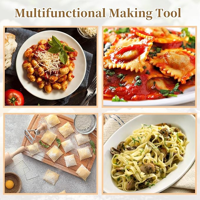 7 Pcs Pasta Making Tool Set Include (Wooden Cutter、Rolling Pin 、Gnocchi Board 、Wood with Roller、3 Ravioli Stamp Maker Cutter) for Kitchen Homemade Noodle
