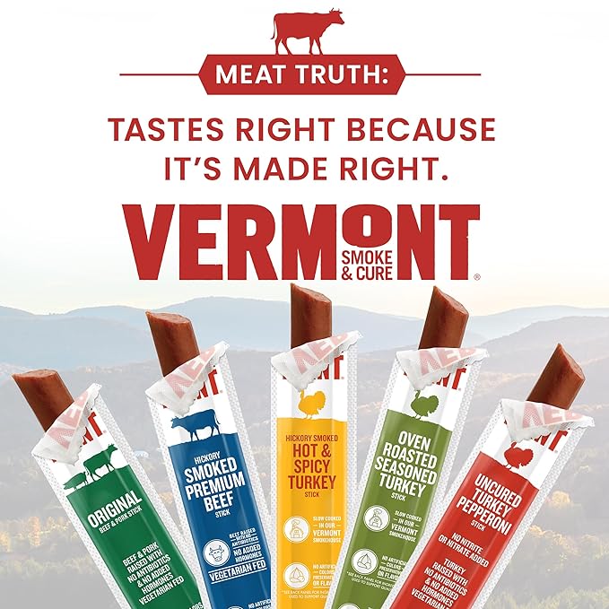 Vermont Smoke & Cure - Hot & Spicy Turkey Protein Snack - Portable Meat Snack for Adults & Kids - Smoky Chili Turkey Sticks - Individually Wrapped Jerky Snacks 1oz - 24 Count