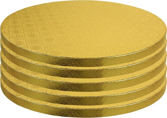 O’Creme Cake Board, Gold Foil Round Cake Circles with Gorgeous Design, Sturdy & Durable 1/2” Thick Cake Drums, Round Cake Boards with 9” Diameter, Pack of 5 Disposable Cake Drums