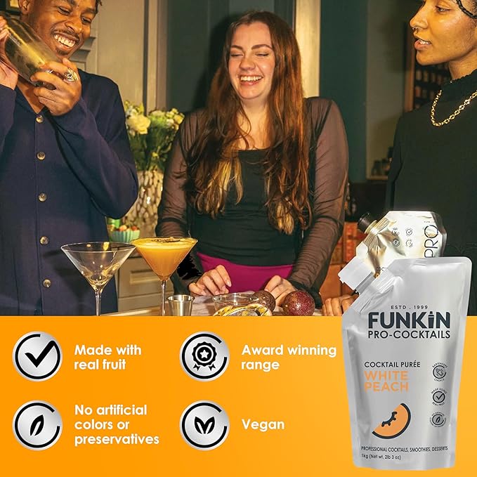Funkin Fruit Puree | Real Fruit, Simple Ingredient, Natural Mixer for Cocktails, Drinks, Smoothies | Vegan, Non-GMO, Gluten-Free (2.2 lbs) (White Peach)