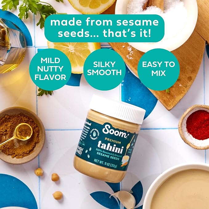 Soom Foods Ground Premium Sesame Tahini Paste 11oz (2 Pack) | Silky Smooth Texture in Hummus, Dips, Dressings | Vegan, Nut-Free, Gluten-Free, Kosher, Keto, Paleo, Whole30