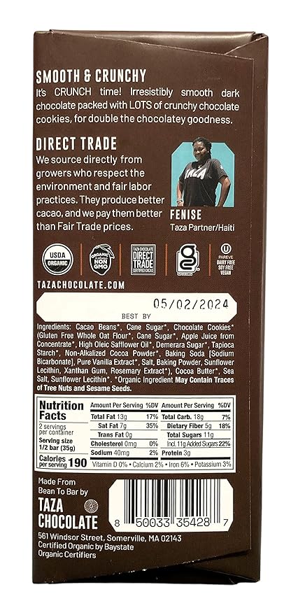 Taza Chocolate Organic Smooth & Crunchy Bars 70% Stone Ground, Chocolate Cookie Crunch 2.5 Ounces (10 Count), Vegan