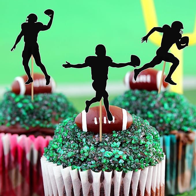 24 Pcs Football Cupcake Toppers, Disposable Foot Ball Themed Toothpicks, Touchdown Players Flagship Cake Toppers, Football Party Decorations for Sports Theme Baby Shower Birthday Party Supplies