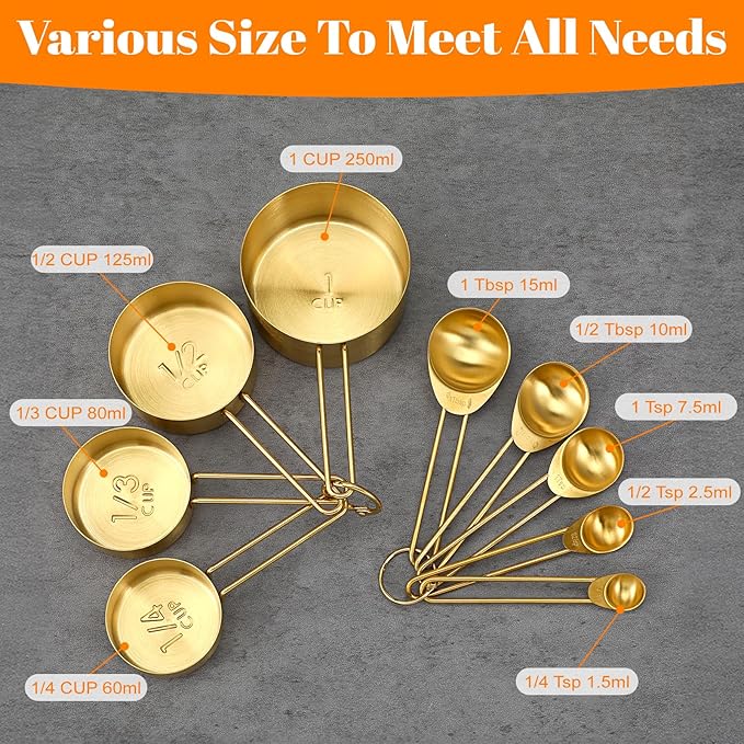 9 Pcs Golden Stainless Steel Measuring Cups and Spoons Set, Stackable & Long Handle, Premium Metal Measuring Cups and Stainless Steel Measuring Spoons Set for Liquid & Dry Ingredients Baking Cooking