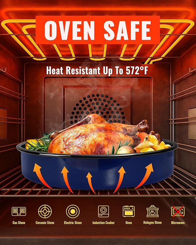 Baking Pans Set Round Roasting Dish 4-Pack 9/10/12/14 Inch Enamel Non Stick Large Bakeware for Cake Bread Pie Pizza Turkey Steak, Non-Toxic Oven Dishwasher Safe Thanksgiving Cookware