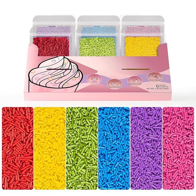 HUEBEATY 6-in-1 Rainbow Jimmies Sprinkles Bulk – 180g Neon Edible Sprinkles for Cake Decorating, Cupcakes, Cookies, Ice Cream & Birthday Desserts – Edible Candy Toppers & Rainbow Cake Decorations
