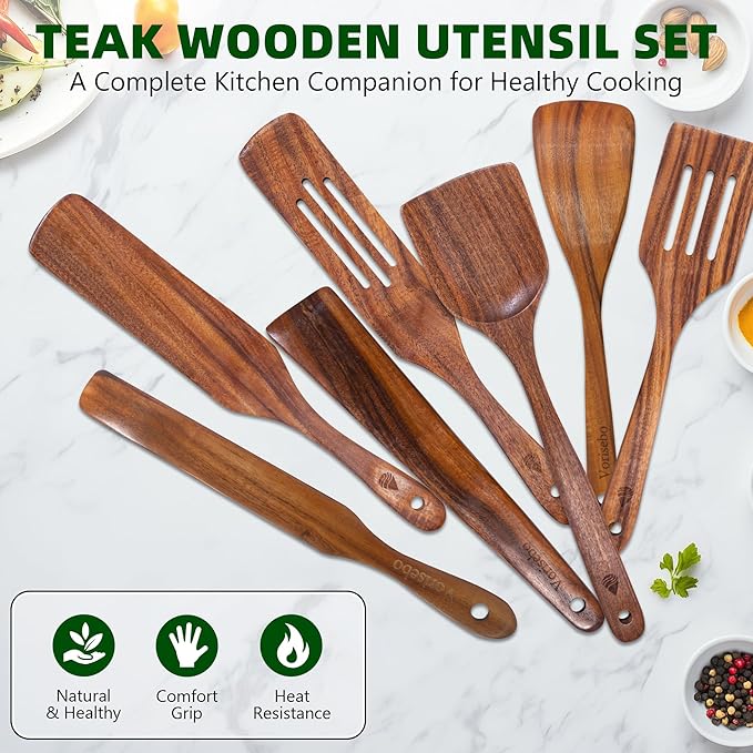7 PCS Wooden Spatula for Cooking, Natural Teak Wooden Utensil Set, Non-Toxic Wood Cooking Utensil, Handmade Comfort Grip Wood Spoons for Nonstick Cookware