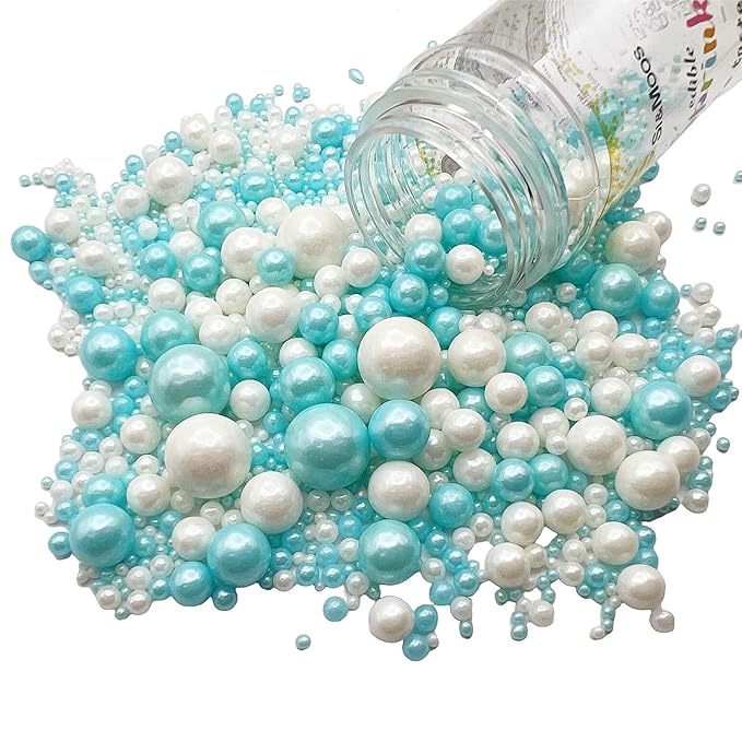 SE Si&Moos White and Light Blue Pearl Sprinkles for Cake Decorating Edible Cake Cookie Pearls Cupcake Decorations Baby Blue and White Sprinkles for Cake, Cupcake, Cookies Party Holiday Christmas Supplies 3.5 OZ