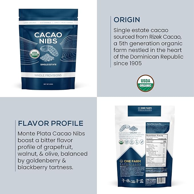 One Farm by WAAYB Organic Cacao Nibs & Powder Bundle – Single Estate, Non-GMO, Fair-Trade, Vegan, Gluten Free, 100% Raw Rizek Cacao in Resealable Bags for Smoothies, Baking & More