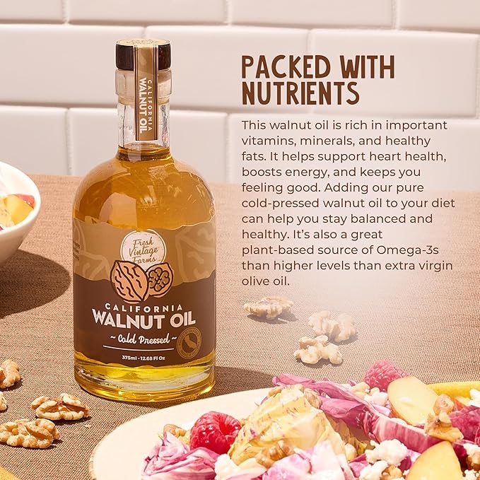 Fresh Vintage Farms 100% Undiluted Cold Pressed Walnut Oil | Wholesome & Nutritious Healthy Cooking Oil for Cooking, Baking, Grilling, Dipping, & Salads | Walnut Oil - 12.68 Fl Oz, Pack of 1