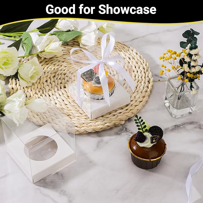 EUSOAR White Cupcake Boxes, 100 Packs 3.5 Inch Individual Clear Dessert Pastry Muffin Cupcake Containers with Inserts and Ribbon, Muffins Gift Holder Mini Cake Carrier for Wedding Party Favor Bakery
