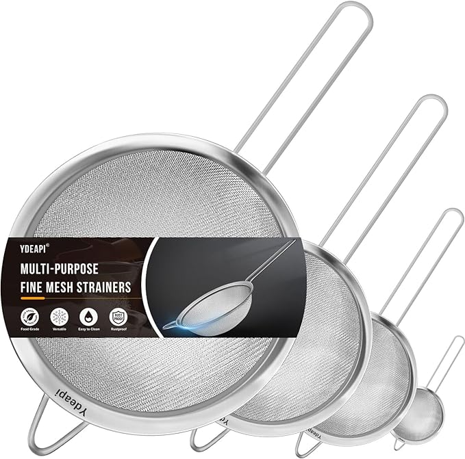 Fine Mesh Strainer, Stainless Steel Kitchen Strainers with Sturdy Handle, Set of 4 Metal Sieve for Food, Rice, Quinoa, Tea - 8.6", 6.3", 4.6", 2.7"