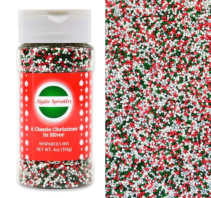 Mystic Sprinkles Christmas Holiday Sprinkle Mixes (A Classic Christmas in Silver Nonpareil Mix 4oz)