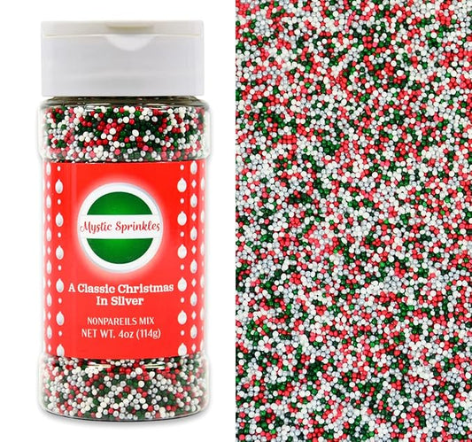 Mystic Sprinkles Christmas Holiday Sprinkle Mixes (A Classic Christmas in Silver Nonpareil Mix 4oz)