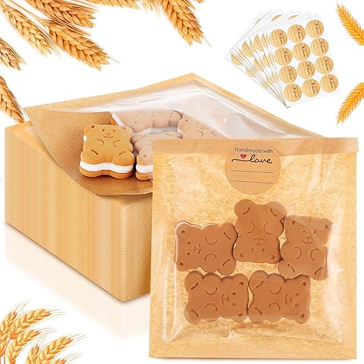 Outus 200 Pcs Cookie Packaging Bags with Seal, 5 x 6 Inch Bakery Pastry Bags with Window, Heat Sealable Grease Resistant Paper to Go Bake Sleeves for Gift Giving Donut Bread Sandwich (Brown)