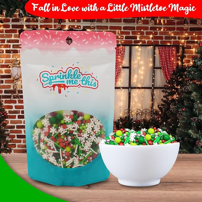 Under the Mistletoe - 4 Oz Sprinkle Resealable Bag - Christmas Themed Sprinkle Mix - Featuring Green, Lime Green, and Red Pearls, White Jimmies, Snowflake Quins, and Silver Nonpareils