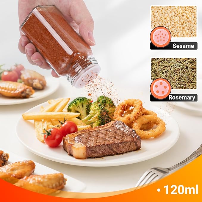 Segarty 4oz Spice Jar with Stainless Steel Shaker Lids, 3 PCS 120ml Square Spices Jars for Salt and Pepper Storage, Empty Glass Small Seasoning Container Set, Spice Shakers with 7 Stickers and 1 Brush