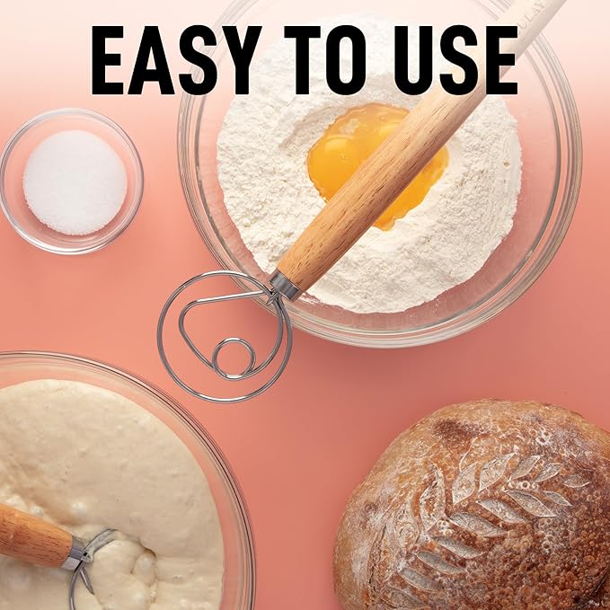 Zulay Kitchen 13-Inch Danish Dough Whisk - Wooden Danish Whisk for Dough with Stainless Steel Dough Hook - Traditional Dutch Whisk - Bread Whisk for Sourdough, Pizza, Pastry, Cake Batter - 2 Pack