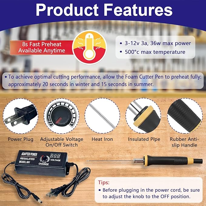 Hot Wire Foam Cutter Kit with 9-36W Digital Voltage Controller, 3-in-1 Electric Styrofoam Cutter with 3Pcs Hot Cutting Pen (4", 6", 8"), for Cutting, Detail Handling, DIY Crafts