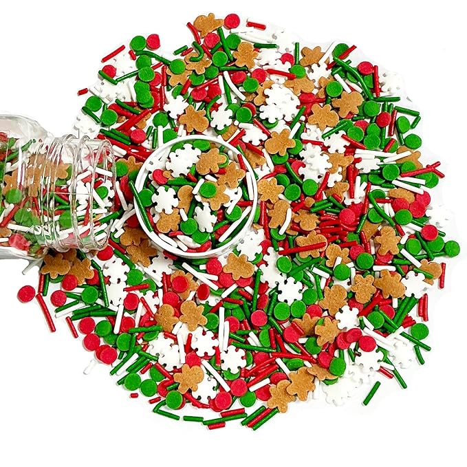 Homipooty Christmas Sprinkles for Cake Decorating 100g/3.5oz Mix of Red Green with White Jimmies Gingerbread Man Sprinkles Decorative Christmas Dessert