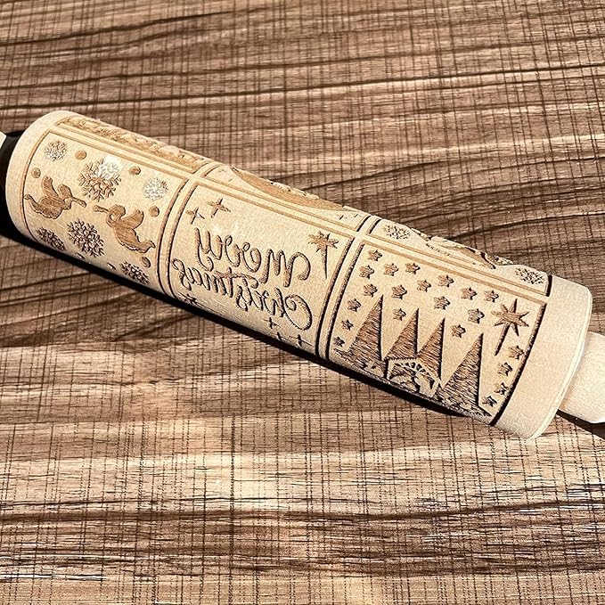 Christmas Wooden Embossing Rolling Pin - Engraved Snowflake Flower Design, Cookie Stamps Roller for Embossed Cookies, Cute Kitchen Decor DIY Baking Tool for Kids and Adults (9 Grilles Jesus)