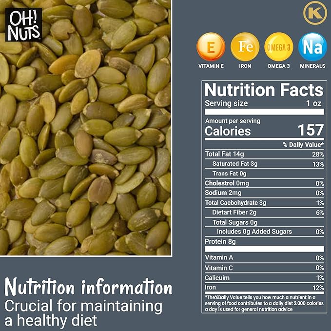 Oh! Nuts Pepitas Raw Unsalted Pumpkin Seeds - Resealable 5-Pound Bulk Bag - All-Natural Protein Power - Fresh, Healthy Snacks - Unshelled Pepitas