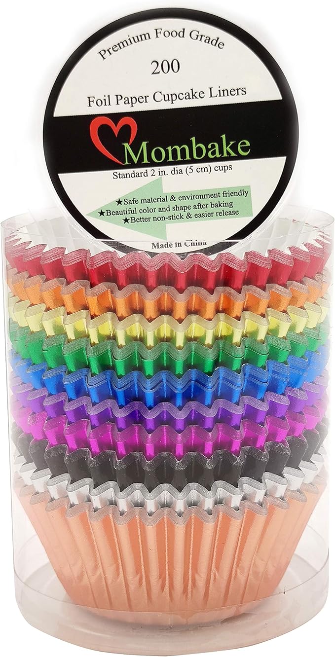 Standard Metallic Foil Cupcake Liners Paper Baking Cups in Assorted 10 Bright Colors, 200-Count