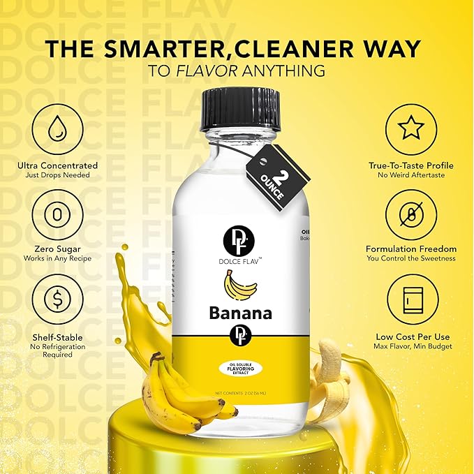 Dolce Flav Banana Extract – 1 Gallon Oil-Soluble Kosher, Sugar-Free, Concentrated Ripe Banana Flavoring for Baking, Smoothies & Ice Cream