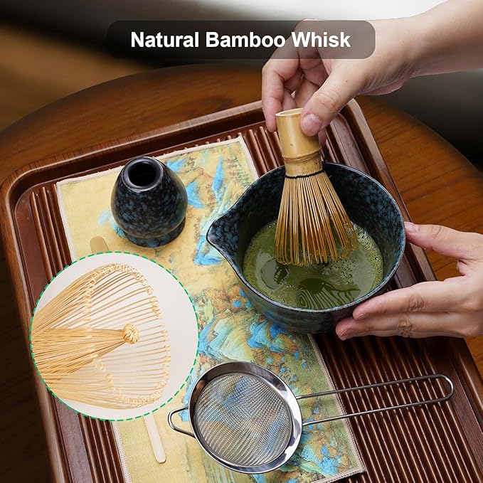 Matcha Whisk Set, 8pcs Matcha Set Ceremonial Grade Macha Kit Includes Bowl with Spout/Chashen Holder/Bamboo Whisk/Bamboo Scoop/Spoon/Sifter, Ideal Gift for Macha Lovers to Enjoy Making Tea