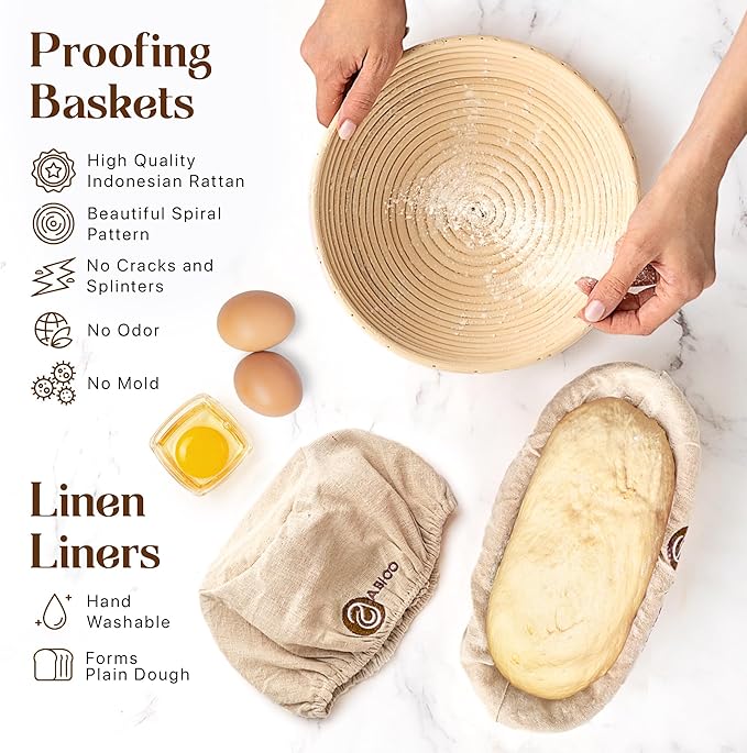Sourdough Bread Baking Supplies and Starter Kit - Ultimate Bread Making and Sourdough Starter Kit with Proofing Baskets, Sourdough Jar, Bread Lame, Scrapers and Danish Whisk