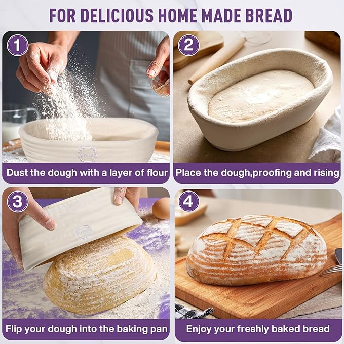 MIAOKE Sourdough Bread Baking Supplies Kit - Dough Whisk, Breads Lame, Proofing Baskets 10 Inch Round and 9 Oval, Dough Scrapers, Cooking Brush, Basket Liners Complete Sourdough Starter Bread Gift Set