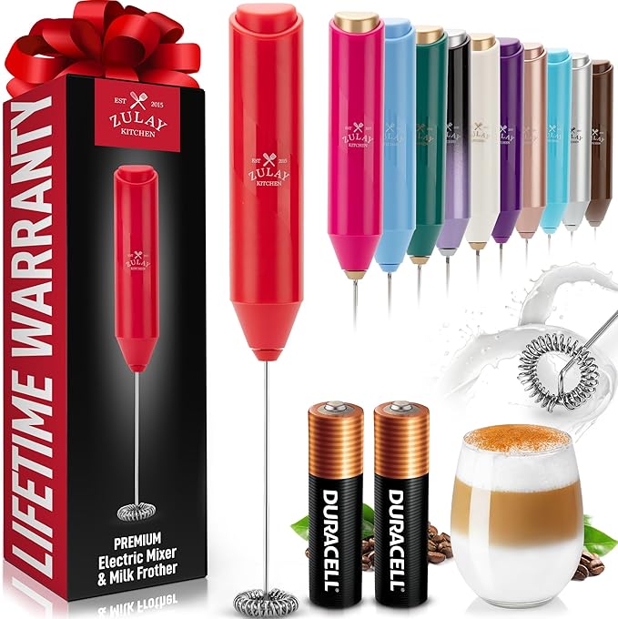 Zulay Kitchen Milk Frother Handheld with 2 Duracell AA Batteries – Electric Drink Mixer for Coffee, Lattes, Cappuccinos, Matcha & Hot Chocolate – Portable Foam Maker & Coffee Bar Accessory