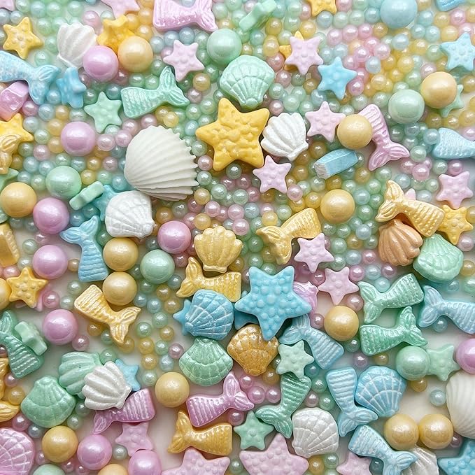 SE Si&Moos Edible Mermaid and Shell Sprinkles Mermaid Cupcake Toppers Mermaid Cake Decorations Beach Cake Decoration Shower Party Birthday Holiday Supplies 3.5 OZ with Tweezers