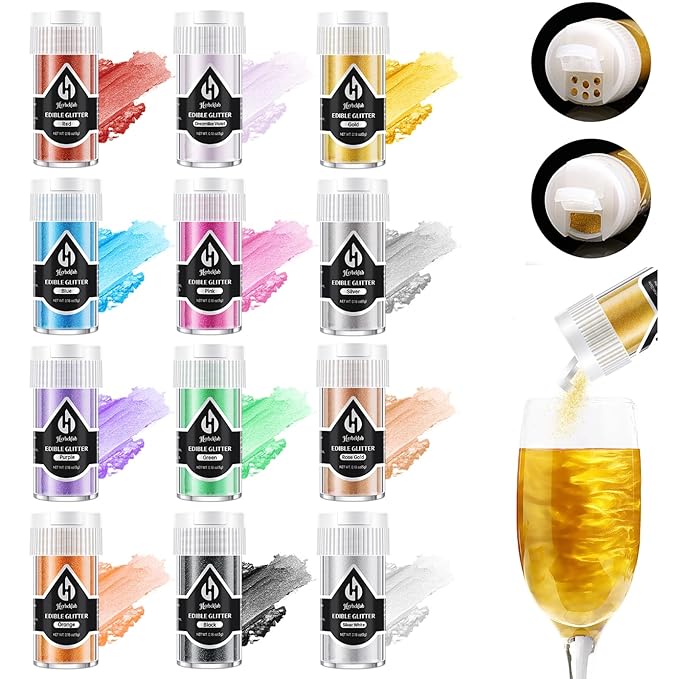 Edible Glitter – 12 Colors Luster Dust Drink Glitter, Food Grade Cocktail Shimmer Powder for Beverages, Cakes, Chocolate & Candy, 5g/Bottle